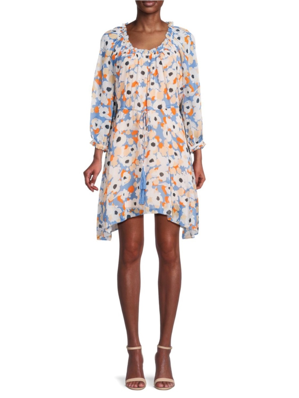 Joie Cream Floral Long-Sleeve Tassel Dress with Blue & Orange Accents